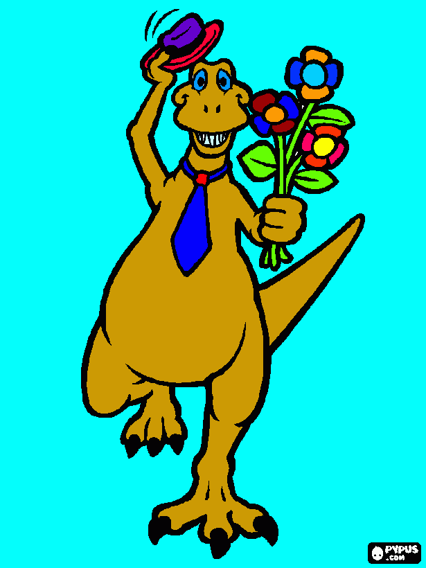 Omalovánka dinosaurus který drží kitičky ruzně zbarvené