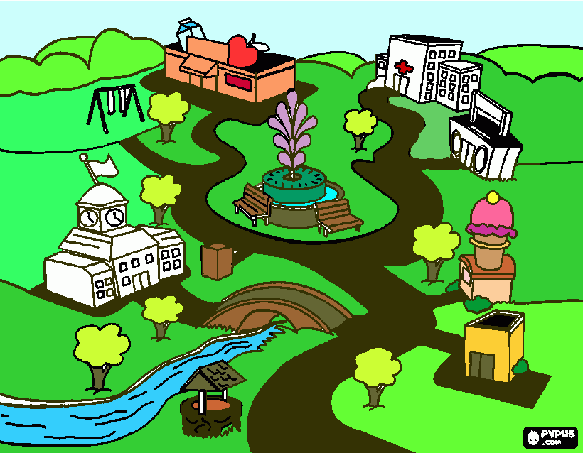 Omalovánka kresba s leteckým pohledem na centrum města