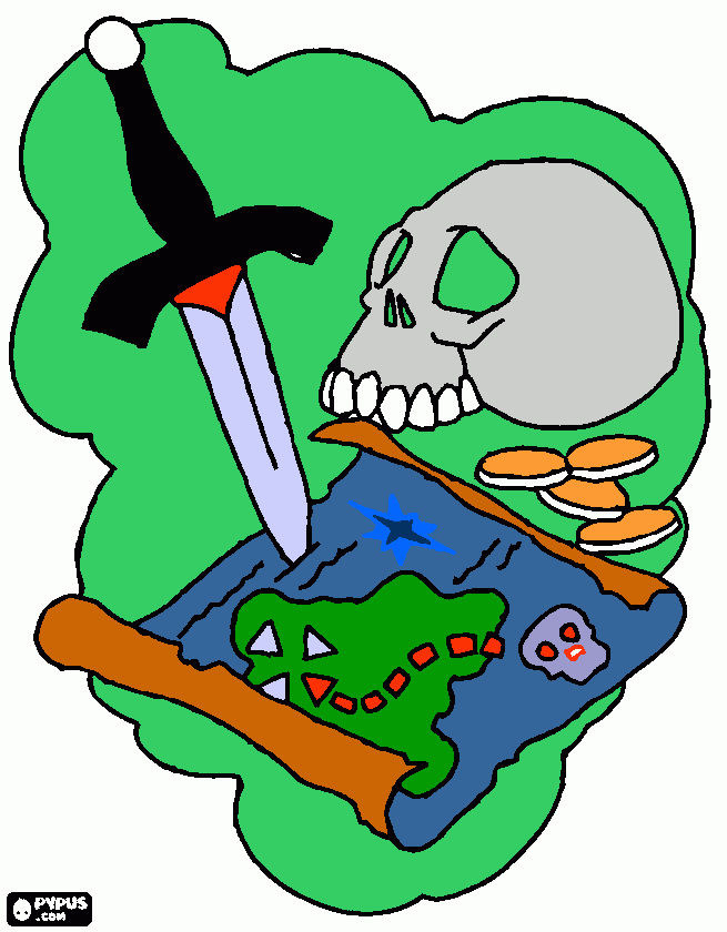 Omalovánka mapa pokladu s dýkou zapíchnutou v ní a lebkou