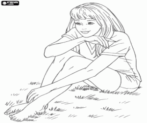 Omalovánka Barbie sedí na trávě