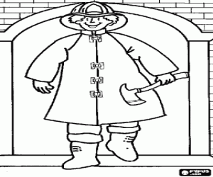 Omalovánka Hasič s sekyra a budovy