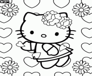 Omalovánka Hello Kitty mezi květinami a srdce