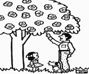 Omalovánka Otec, dcera a kvetoucí strom