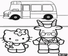 Hello Kitty a řidič školního autobusu stojí v přední části vozidla