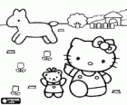 Hello Kitty v poli s koněm a na farmě v pozadí