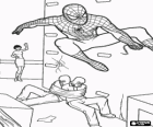 Spiderman, superhrdina, který unikl po zachycující dva zloději a ponechalo je svázané s jeho pavučina