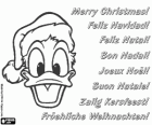 Vánoční karta s tváří Kačer Donald s kloboukem Santa Claus