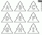 Vánoční abeceda, velká písmena A až I ve vánoční strom