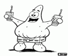 Patrick Star na pláži s dvěma nápoje v ruce a oblékl kalhoty s Bob