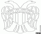 Logo PAOK FC a PAOK Soluň, řecký fotbalový tým. Panthessalonikeios Athlitikós Ómilos Konstantinoupoliton, řecký název původní přepsal