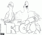 Logo Rio filmu s tři jeho protagonisté: macaws Blu, Jewel a Tucan Rafael