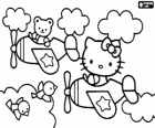 Hello Kitty a medvídek na letadla, která letí mezi mraky a ptáky