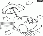 Kirby s deštníkem létání mezi hvězdami a duha