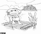 Dítě Kermit žába jako Tom Sawyer a Huckleberry Finn na vor dřeva se stará Mississippi