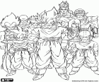 Skupina znaků Dragon Ball, včetně Son Goku, Son Gohan, Krillin a Vegeta