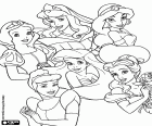 Skupina šesti princezny od magického světa: Sněhurka, Princezna Aurora nebo Šípková Růženka, princezna Jasmína, Popelka, malá mořská víla Ariel a Princezna Belle
