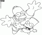 Homer Simpson a Bart Simpson, usmíval se a dívá se nahoru, protagonisty slavného animovaných seriálů, který vytvořili Matt Groening