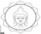 Buddha medicíny, Bhaisajyaguru. Reprezentace tváře medicína mistr buddhismu v rámci Lotosový květ. Barva Medicine Buddha je modrá, která pochází z lapis lazuli