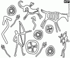Zbarvení stránku s pestrou grafikou typické prehistorie. Hlavním tématem prehistorické ikony jsou myslivost