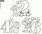 Dva, čtyři a šest, první tři sudá čísla s znaky z Sesame Street