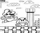Scéna videoherní Super Mario. Hlavní postavou je Mario skoky přes svého nepřítele Goomba pod drobnohledem usmívající se mraky