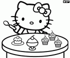 Hello Kitty lžící v ruce připravené k jídlu nějaké lahodné košíčky. Hello Kitty miluje sladkosti, je velmi