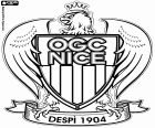 Štít z Olympique Gymnaste Club de Nice Côte d'Azur, OGC Nice, fotbalový klub se sídlem v Nice, turistické město s pobřeží Středozemního moře na Azurovém pobřeží, hlavní město departementu Alpes-Maritimes v jihovýchodní Francii