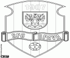 Štít SFC Opava, Slezský fotbalový club Opava, fotbalový klub se sídlem v Opavě, historické hlavní město Slezska, město hranice s Polskem na severovýchodě České republiky, v Moravskoslezském kraji