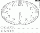 5:30 a 17:30, je to půl šesté ráno nebo odpoledne, pět hodin a třicet minut, zbarvení stránce naučit hodiny