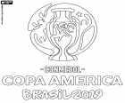 Logo Copa America Brazílie 2019, který se odehrává mezi 14. června a 7 července 2019, v Brazílii. Dvanáct zúčastněných týmů jsou 10 z CONMEBOL a dvou pozvaných týmů, Katar a Japonsko. Od CONMEBOL jsou Argentina, Bolívie, Brazílie, Chile, Ekvádor, Kolumbie, Paraguay, Peru, Uruguay a Venezuela