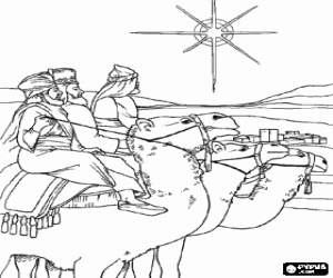 Omalovánka Tři králové a velbloudi v Betlémě