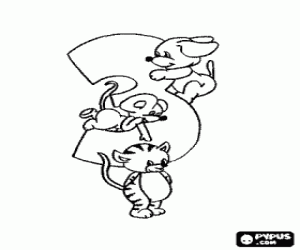 Omalovánka Tři zvířata a číslo tři